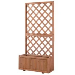 Outsunny Wooden Raised Garden Bed With Trellis And Drain Holes, 59" Outdoor Freestanding Planting Planter Box For Climbing Vine Plants Flowers