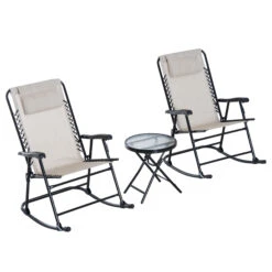 Outsunny Outdoor Folding Rocking Chair Patio Table Seating Set - Cream White