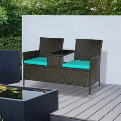 Outsunny Outdoor Patio Loveseat Conversation Furniture Set, Cushions & Built-in Coffee Table, Small 2-in-1 2 Person Seating For Front Porch, Balcony, Blue -Outsunny F2p6ff1801abc43eb