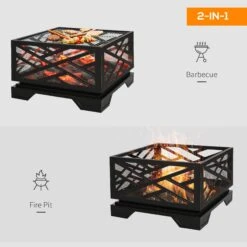 Outsunny 26" Outdoor Steel Square Fire Pit With Grill Net For BBQ, Safety Spark/Ember Cover & Classic Stylish Appearance -Outsunny F5A7a417e71907ea2