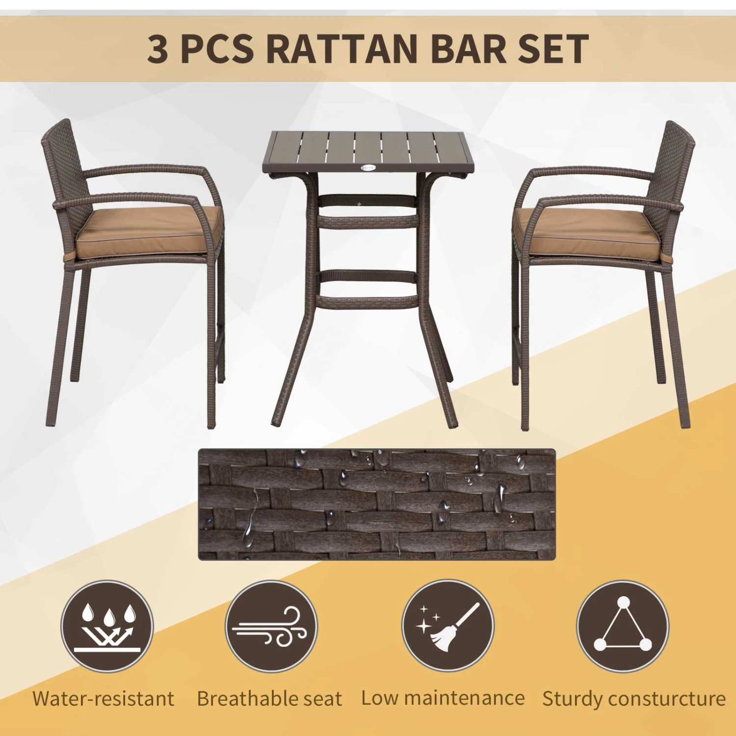 Outsunny 3 PCS Rattan Wicker Bar Set With Wood Grain Top Table And 2 Bar Stools For Outdoor, Patio, Poolside, Garden, Brown 4 Outsunny 3 PCS Rattan Wicker Bar Set With Wood Grain Top Table And 2 Bar Stools For Outdoor, Patio, Poolside, Garden, Brown - Image 4