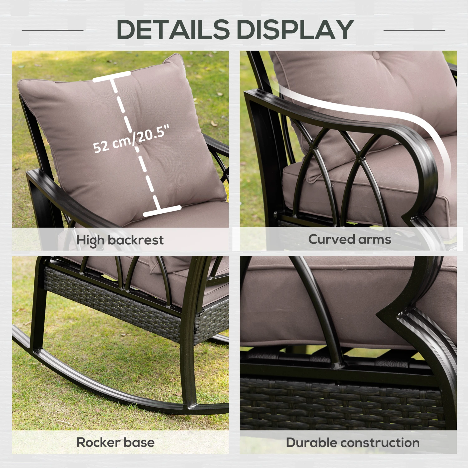 Outsunny Outdoor Wicker Rocking Chair With Padded Cushions, Aluminum Furniture Rattan Porch Rocker Chair W/ Armrest For Garden, Patio, And Backyard, Grey 5 Outsunny Outdoor Wicker Rocking Chair With Padded Cushions, Aluminum Furniture Rattan Porch Rocker Chair W/ Armrest For Garden, Patio, And Backyard, Grey - Image 5