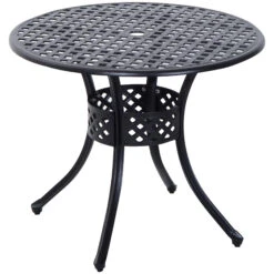 Outsunny 33" Patio Dining Table Round Cast Aluminium Outdoor Bistro Table With Umbrella Hole - Black