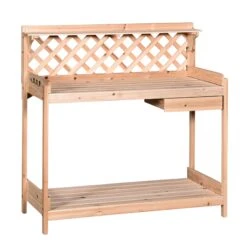 Outsunny Outdoor Garden Potting Bench, Wooden Workstation Table W/ Drawer, Hooks, Open Shelf, Lower Storage And Lattice Back For Patio, Backyard And Porch