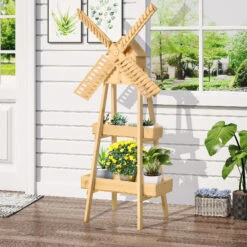 Outsunny Plant Shelf 2 Tier Wooden With Windmill & Bird House Plant Pots Holder Stand Indoor/Outdoor 32'' X 17'' X 61'' -Outsunny Fb66ff1831cf8c3ad