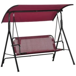 Outsunny 3-Person Porch Swing Bench With Stand & Adjustable Canopy, Armrests, Steel Frame For Outdoor, Garden, Patio, Porch & Poolside, Wine Red