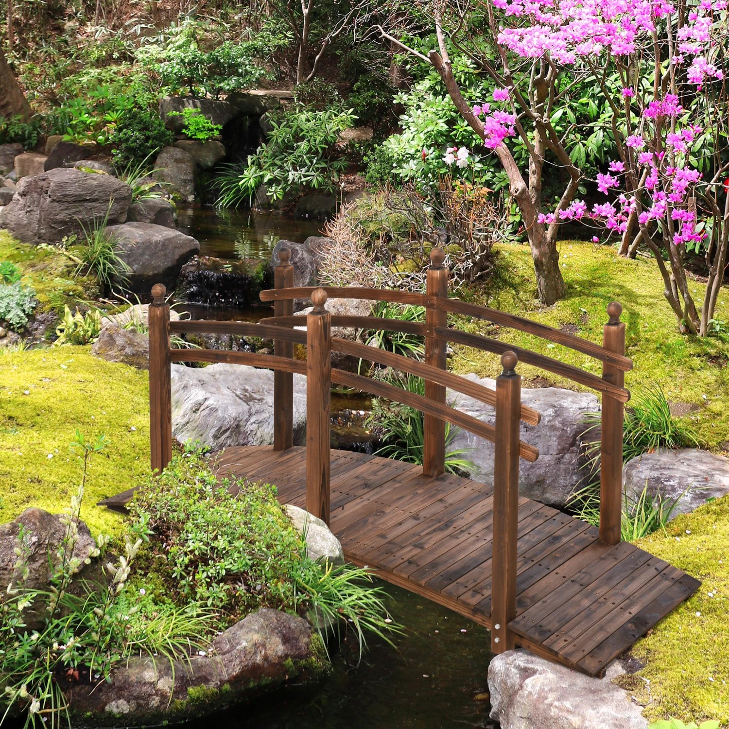 Outsunny 7.5' Fir Wood Garden Bridge Arc Walkway With Side Railings, Perfect For Backyards, Gardens, & Streams, Stained 2 Outsunny 7.5' Fir Wood Garden Bridge Arc Walkway With Side Railings, Perfect For Backyards, Gardens, & Streams, Stained - Image 2
