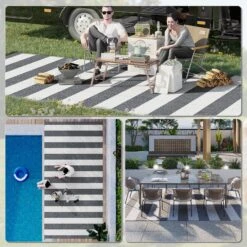 Outsunny Reversible Outdoor Rug Carpet, 9' X 18' Waterproof Plastic Straw Rug, Portable RV Camping Rugs With Carry Bag, Large Floor Mat For Backyard, Deck, Picnic, Beach, Gray & White Striped -Outsunny G1088c188a2acf149