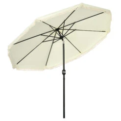 Outsunny 9ft Patio Umbrella With Push Button Tilt And Crank, Ruffled Outdoor Market Table Umbrella With Tassles And 8 Ribs, For Garden, Deck, Pool, Cream White