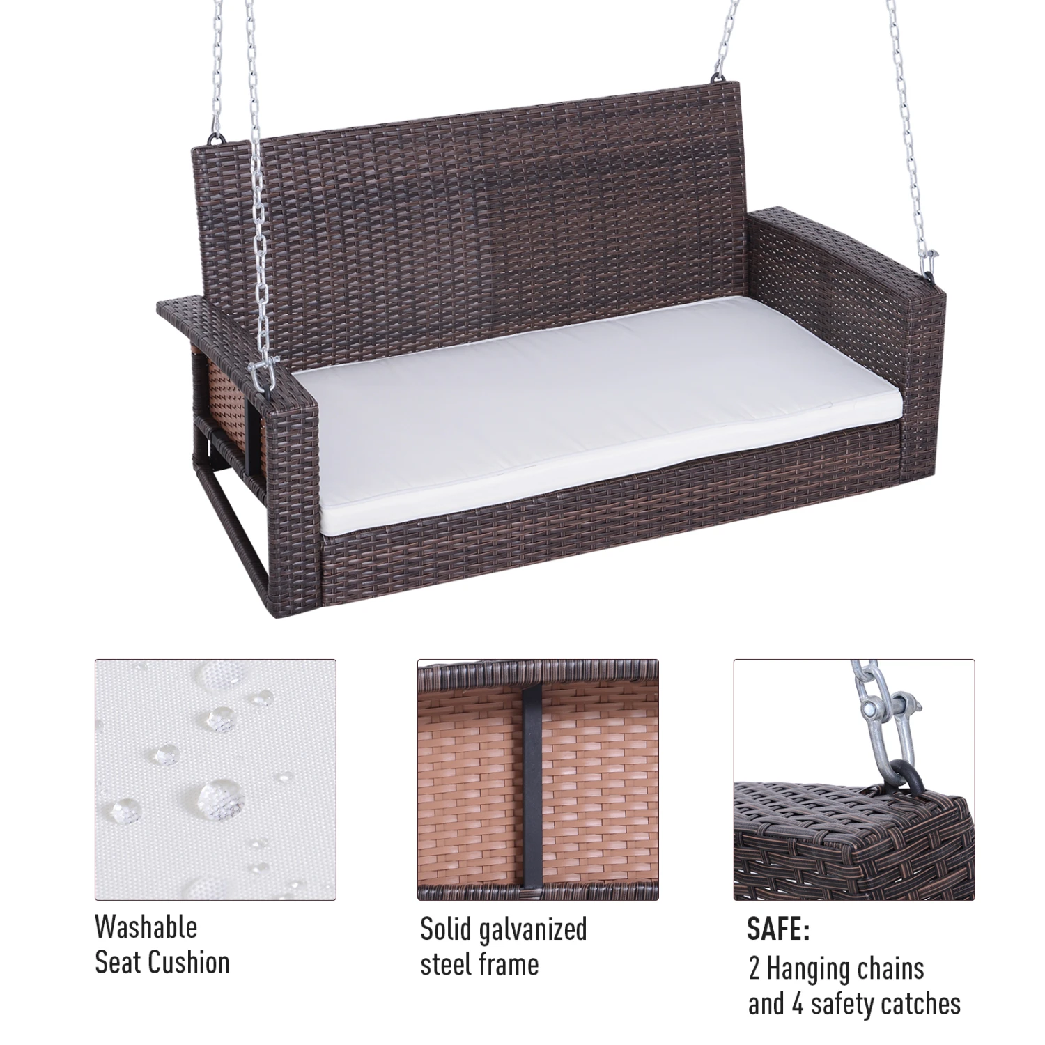 Outsunny 2 Person Wicker Hanging Swing Bench, Front Porch Swing Outdoor Chair With Cushions 550 Lbs. Weight Capacity For Backyard, Garden, Cream White 4 Outsunny 2 Person Wicker Hanging Swing Bench, Front Porch Swing Outdoor Chair With Cushions 550 Lbs. Weight Capacity For Backyard, Garden, Cream White - Image 4