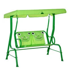 Outsunny Porch Swing For Kids With Adjustable Canopy To Block Sun At Angles, Kids Swing Chair With Seatbelts, Frog Gift For Kids, Tree Bark Brown, For Ages 3-6, Green