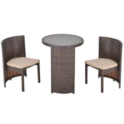 Outsunny 3 PCS Outdoor Rattan Wicker Bistro Set With Storage Shelf, Glass Top Table, Soft Cushioned Chairs And Space Saving Design, Patio Conversation Set For Garden Backyard Porch, Brown