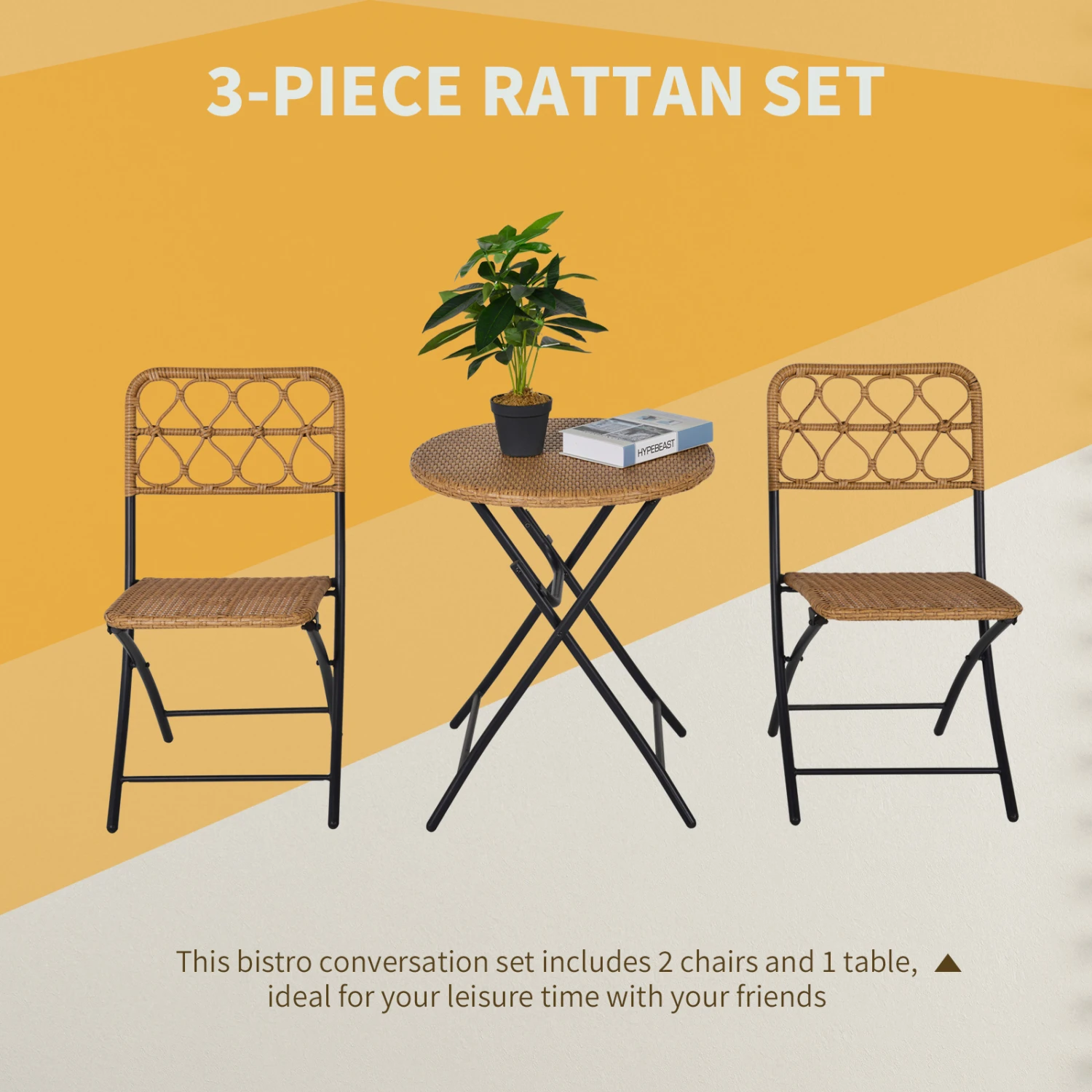 Outsunny 3 PCS Rattan Wicker Bistro Set With Easy Folding, Hand Woven Rattan Coffee Table And Chairs For Outdoor Lawn, Pool, Balcony & Garden, Natural 4 Outsunny 3 PCS Rattan Wicker Bistro Set With Easy Folding, Hand Woven Rattan Coffee Table And Chairs For Outdoor Lawn, Pool, Balcony & Garden, Natural - Image 4