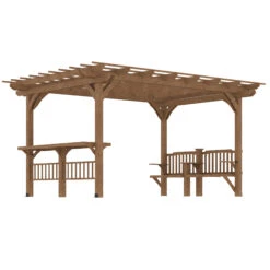 Outsunny 14' X 10' Outdoor Pergola, Wooden Grill Gazebo With Bar Counters And Seating Benches, For Garden, Patio, Backyard, Deck