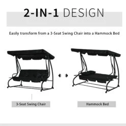 Outsunny 3-Seat Outdoor Patio Swing Chair, Converting Flatbed, Outdoor Swing Glider With Adjustable Canopy, Removable Cushion And Pillows, For Porch, Garden, Poolside, Backyard, Black -Outsunny GIE99a17ed37bb8cf