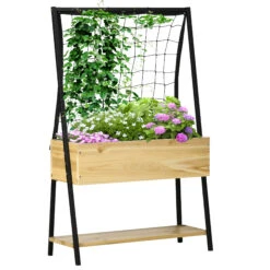 Outsunny Raised Garden Bed With Trellis & Storage Shelf, Elevated Planter Box With Metal Legs, Bed Liner And Drainage Holes, For Vegetable Vines, Climbing Plants, Flowers, Natural