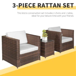 Outsunny 3 Piece Wicker Bistro Patio Set For 2, PE Rattan Porch Chairs Conversation Set With Cushions, Glass Top Table, Garden For Backyard, Garden, Pool, White -Outsunny GJyb101813835711f