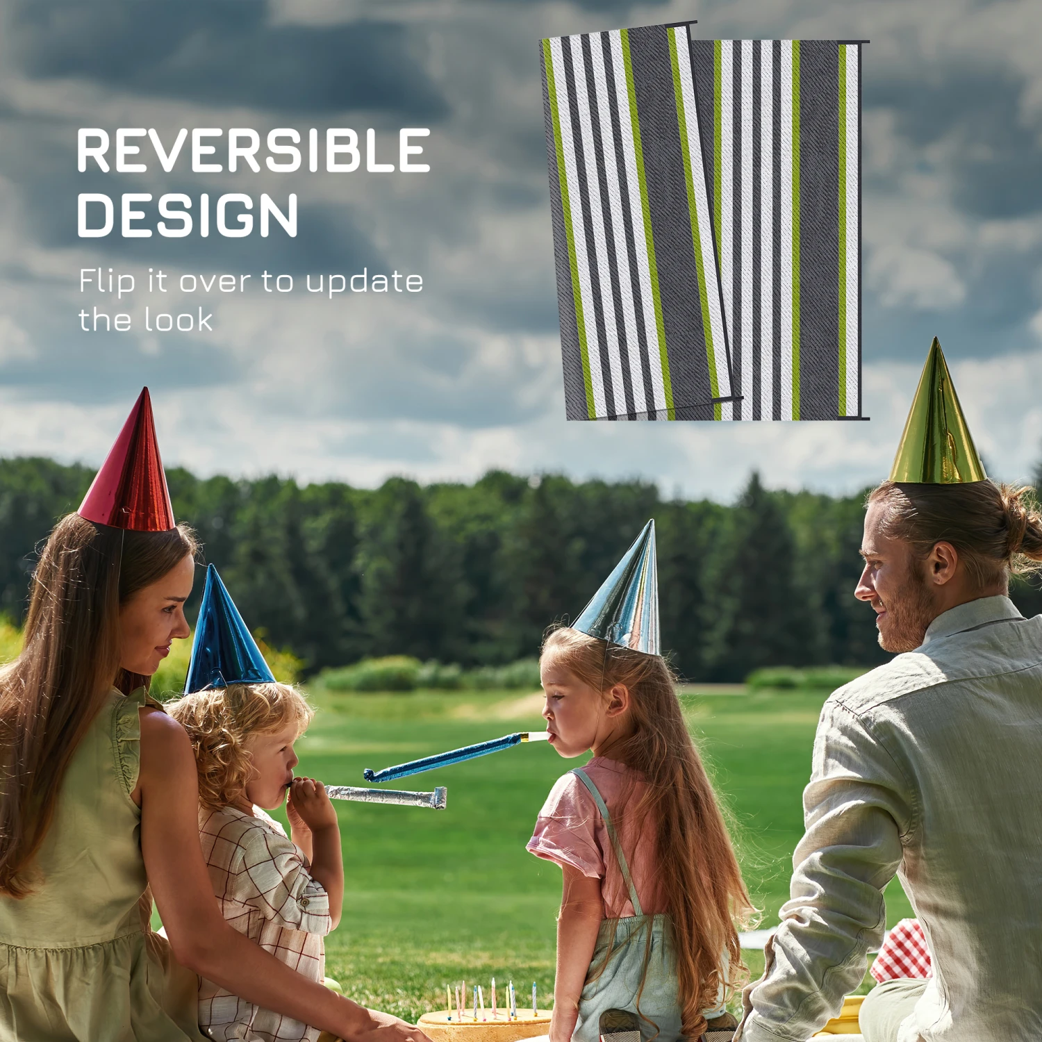 Outsunny Reversible Outdoor Rug Carpet, 9' X 12' Waterproof Plastic Straw Rug, Portable RV Camping Rugs With Carry Bag, Large Floor Mat For Backyard, Deck, Picnic, Beach, Green & Gray Striped 6 Outsunny Reversible Outdoor Rug Carpet, 9' X 12' Waterproof Plastic Straw Rug, Portable RV Camping Rugs With Carry Bag, Large Floor Mat For Backyard, Deck, Picnic, Beach, Green & Gray Striped - Image 6