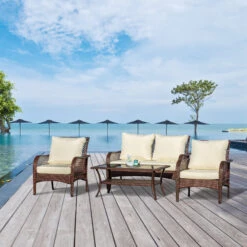 Outsunny 4-Piece Outdoor Wicker Sofa Set, Outdoor PE Rattan Conversation Furniture With 4 Chairs & Table, Water-Fighting Material, White -Outsunny GUS6ff17f91e35eb5