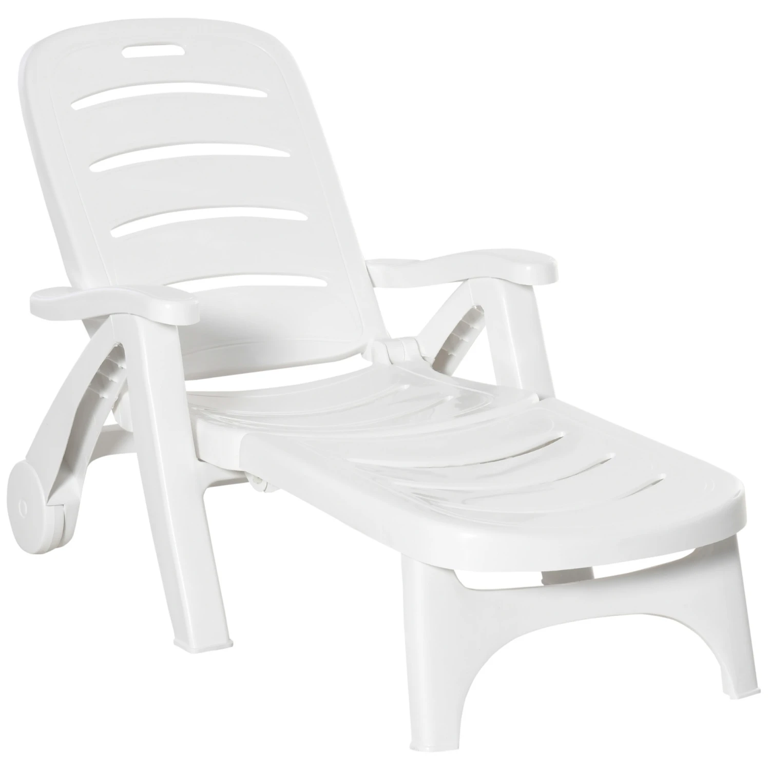 Outsunny Folding Chaise Lounge Chair On Wheels, Lightweight Plastic Patio Sun Recliner With 5 Position Backrest For Beach & Pool, White 1 Outsunny Folding Chaise Lounge Chair On Wheels, Lightweight Plastic Patio Sun Recliner With 5 Position Backrest For Beach & Pool, White