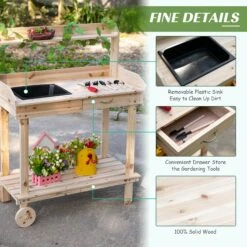 Outsunny 36'' Wooden Potting Bench Work Table With 2 Removable Wheels, Sink, Drawer & Large Storage Spaces, Natural -Outsunny GZh50717e684426f0