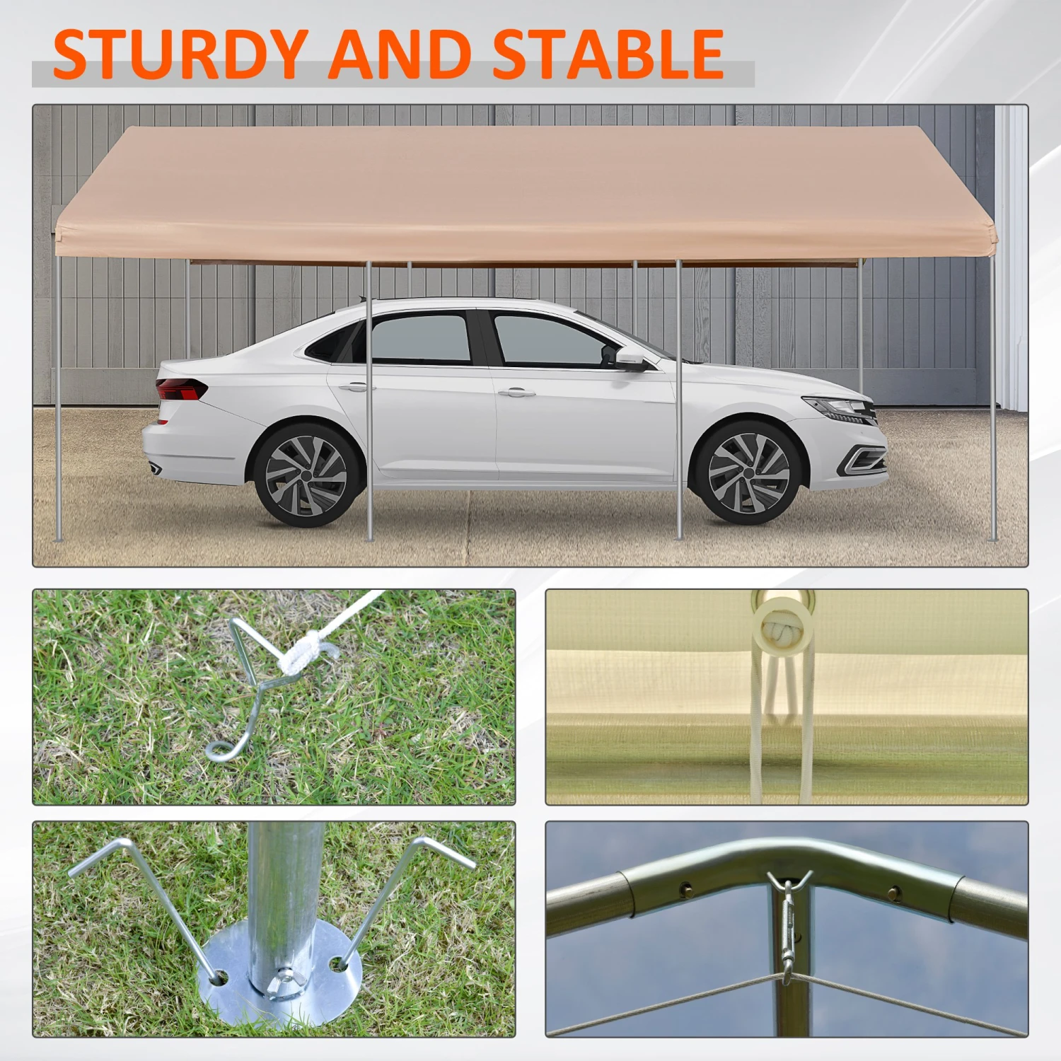 Outsunny 10' X 20' Heavy Duty Outdoor Carport Awning/Canopy With Weather-Fighting Material & Anchor Kit, Brown 6 Outsunny 10' X 20' Heavy Duty Outdoor Carport Awning/Canopy With Weather-Fighting Material & Anchor Kit, Brown - Image 6