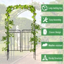 Outsunny Garden Arbor Arch Gate With Trellis Sides For Climbing Plants, Wedding Ceremony Decorations, Grape Vines, Locking Doors, Flourishes & Arrow Tips, Black -Outsunny GiHd1017e71fe5a39