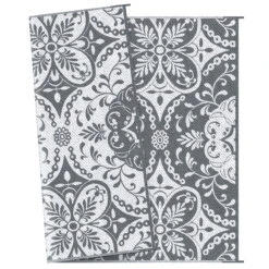 Outsunny Reversible Outdoor Rug Carpet, 9' X 12' Waterproof Plastic Straw Rug, Portable RV Camping Rugs With Carry Bag, Large Floor Mat For Backyard, Deck, Picnic, Beach, Gray & White Floral