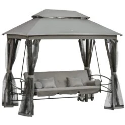 Outsunny 3-Seat Patio Swing Chair, Outdoor Gazebo Swing With Double Tier Canopy, Mesh Sidewalls, Cushioned Seat And Pillows, Gray