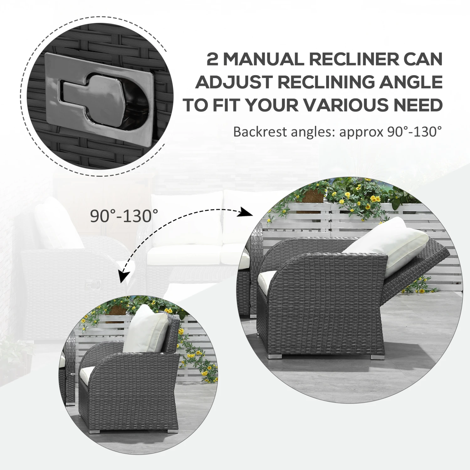 Outsunny 6-Piece Outdoor Rattan Patio Sectional Sofa Set With 3-Seat Couch, 2 Recliners, 2 Ottoman Footrests, & Coffee Table Conversation Set, Off-White 6 Outsunny 6-Piece Outdoor Rattan Patio Sectional Sofa Set With 3-Seat Couch, 2 Recliners, 2 Ottoman Footrests, & Coffee Table Conversation Set, Off-White - Image 6