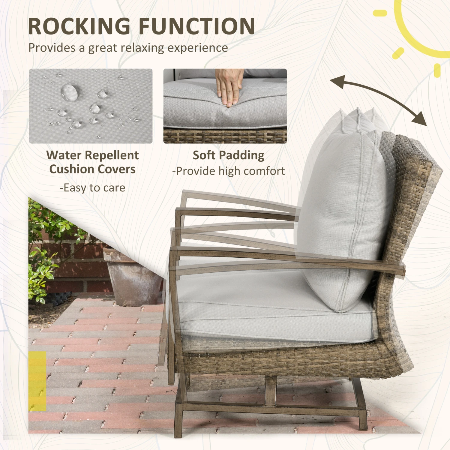 Outsunny Patio Bistro Set, Porch Furniture With Soft Cushions And Rocking Function For Yard, Lawn, Porch, Light Gray 5 Outsunny Patio Bistro Set, Porch Furniture With Soft Cushions And Rocking Function For Yard, Lawn, Porch, Light Gray - Image 5