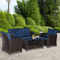 Outsunny 4-Piece Patio Furniture Set, Rattan Wicker Chair W/ Table, Outdoor Conversation Set With Cushion For Backyard, Porch, Or Garden, Blue -Outsunny HE96ff18007ee56c8