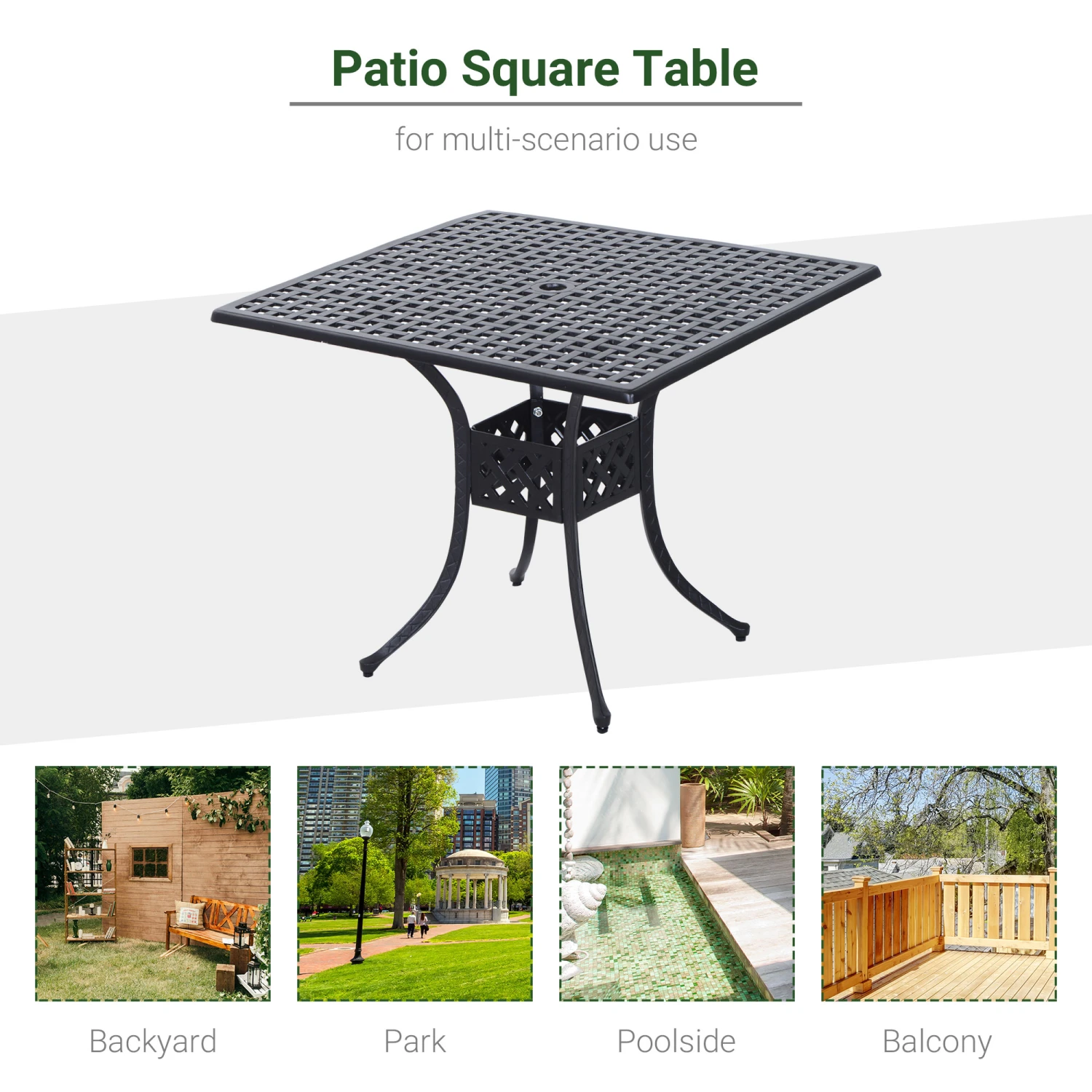 Outsunny 36" Square Patio Table With 2" Dia Umbrella Hole, Cast Aluminum Outdoor Dining Table, Outdoor Bistro Table For Garden, Backyard, Porch, Black 6 Outsunny 36" Square Patio Table With 2" Dia Umbrella Hole, Cast Aluminum Outdoor Dining Table, Outdoor Bistro Table For Garden, Backyard, Porch, Black - Image 6