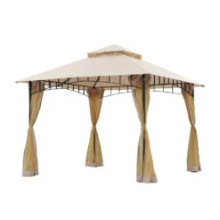 Outsunny 10' X 10' Outdoor Patio Gazebo Canopy Tent With Mesh Sidewalls, 2-Tier Canopy For Backyard, Beige