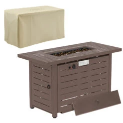 Outsunny 42 Inch Outdoor Propane Gas Fire Pit Table, 50,000 BTU Auto-Ignition Rectangular Gas Firepit With Slat Tabletop, Lid, Lava Rocks, Rain Cover, CSA Certification, Brown