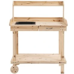 Outsunny 36'' Wooden Potting Bench Work Table With 2 Removable Wheels, Sink, Drawer & Large Storage Spaces, Natural -Outsunny Hbfa7a17e684426f0