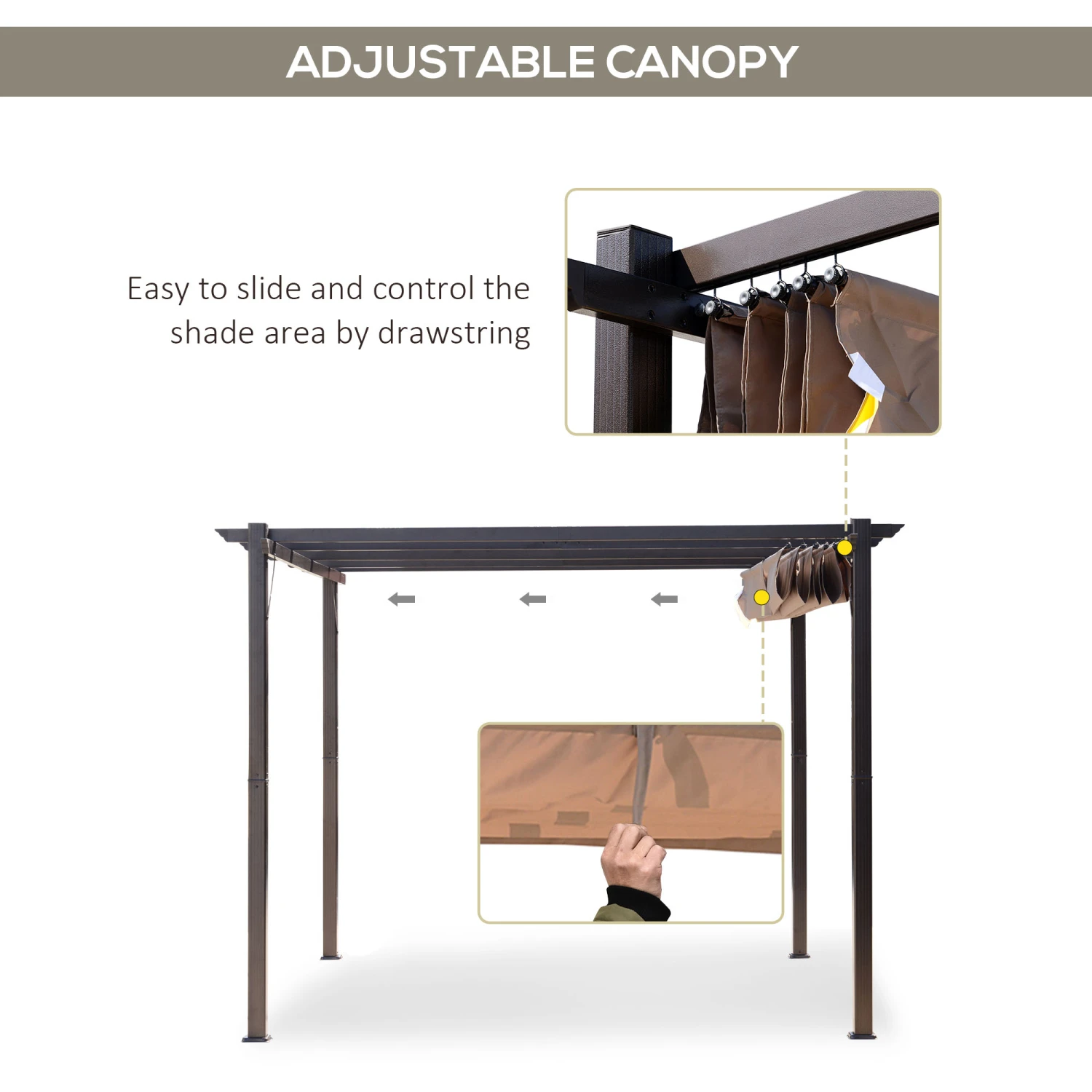 Outsunny 10' X 10' Outdoor Pergola Aluminum Gazebo W/ Retractable Canopy For Patio, Backyard, Party, Brown 5 Outsunny 10' X 10' Outdoor Pergola Aluminum Gazebo W/ Retractable Canopy For Patio, Backyard, Party, Brown - Image 5