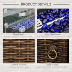 Outsunny 43in Outdoor Propane Gas Fire Pit Table, 50,000 BTU Auto-Ignition Wicker Gas Firepit With Glass Wind Guard, Blue Glass Rock, CSA Certification, Brown -Outsunny Hcyb1018243e75487