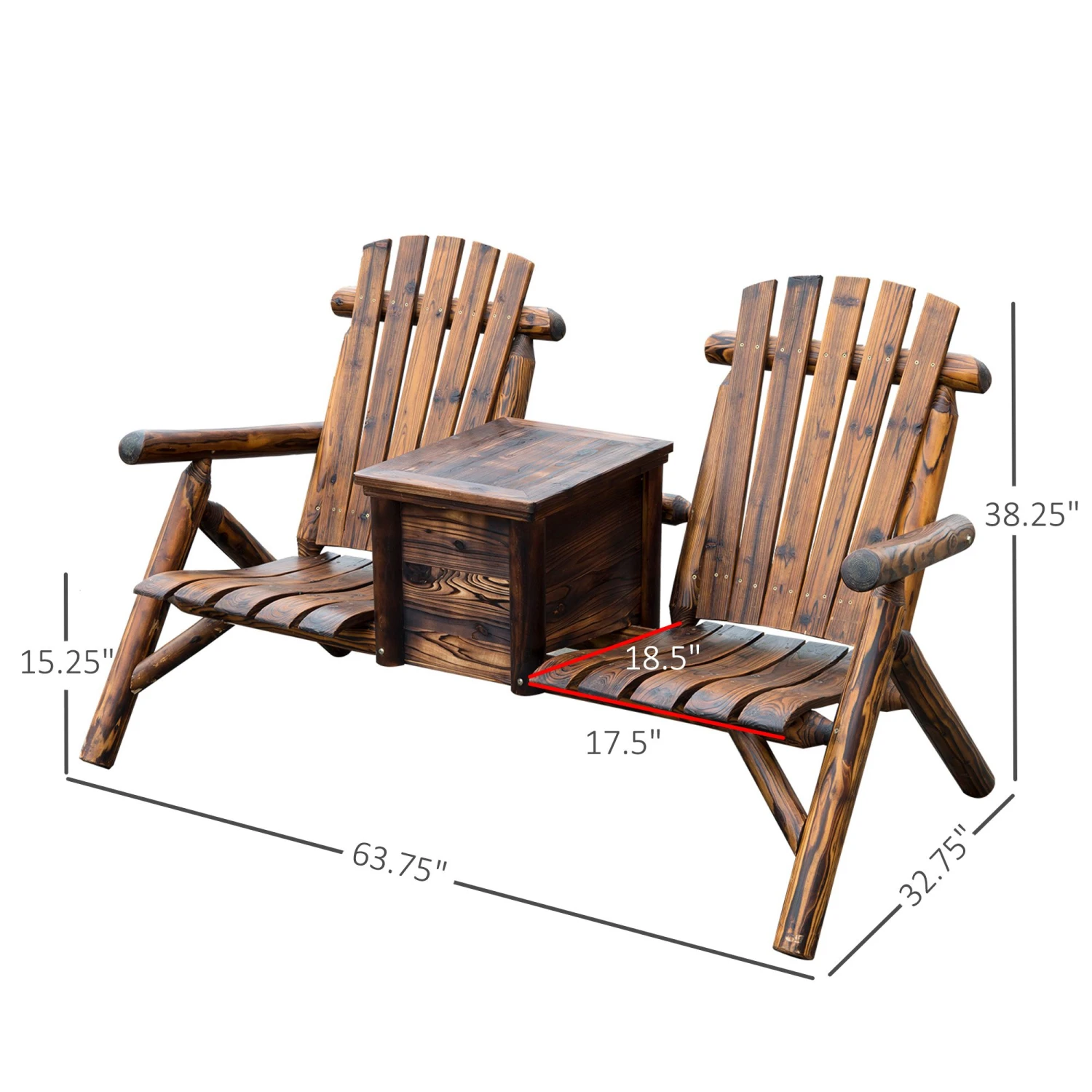 Outsunny Wooden Double Adirondack Chair Loveseat With Inset Ice Bucket, Rustic Aesethic, & Weather-Resistant Materials 3 Outsunny Wooden Double Adirondack Chair Loveseat With Inset Ice Bucket, Rustic Aesethic, & Weather-Resistant Materials - Image 3