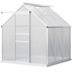 Outsunny 6' X 6' Aluminum Greenhouse, Polycarbonate Walk-in Garden Greenhouse Kit With Adjustable Roof Vent, Rain Gutter And Sliding Door For Winter, Silver