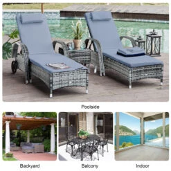 Outsunny 3 Piece Outdoor Furniture Set, 2 Reclining Chaise Lounge Chairs, Rolling Wheels, Armrests, Headrests, Thickly Cushioned, 1 Side Table, PE Plastic Rattan, Grey -Outsunny I1r75618243e743bb