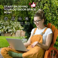 Outsunny Wooden Rocking Chair, Adirondack Rocker Chair W/ Slatted Design And Oversized Back, Outdoor Rocking Chair With Wagon Wheel Armrest For Porch, Poolside, And Garden, Teak -Outsunny I9p88c188d22b0dca