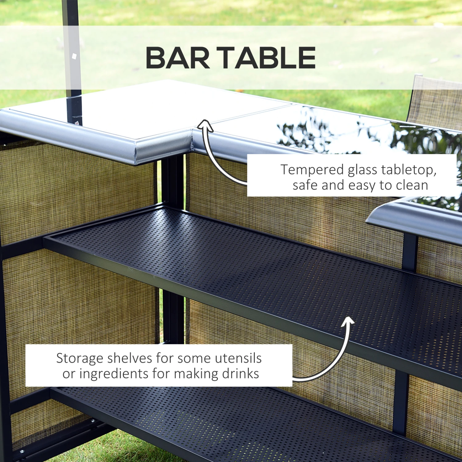 Outsunny 3 Piece Outdoor Bar Set For 2 With Canopy, Rectangular Table With Storage Shelves & Two Bar Chairs, Breathable Mesh 5 Outsunny 3 Piece Outdoor Bar Set For 2 With Canopy, Rectangular Table With Storage Shelves & Two Bar Chairs, Breathable Mesh - Image 5