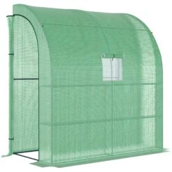 Outsunny 7' X 3' X 7' Outdoor Lean To Greenhouse, Walk-In Green House Plant Nursery With Roll-up Window, PE Cover, And 3-Tier Wire Shelves, Green