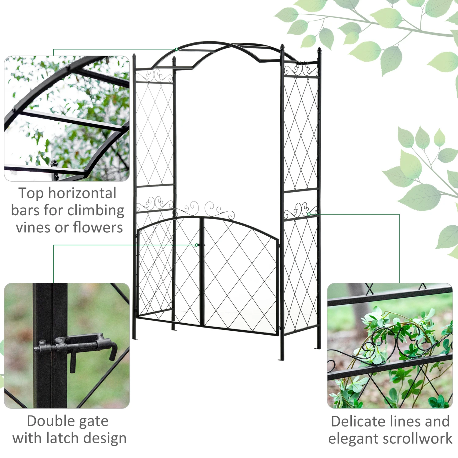 Outsunny 85'' Metal Garden Arbor With Gate, Outdoor Steel Arch With Scrollwork For Climbing Vines, Ground Mountable Columns 4 Outsunny 85'' Metal Garden Arbor With Gate, Outdoor Steel Arch With Scrollwork For Climbing Vines, Ground Mountable Columns - Image 4