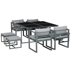 Outsunny 9 Piece Outdoor Patio Dining Set With 4 Chairs, 4 Ottomans, & Glass Table With Cushions & Aluminum Frame
