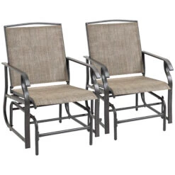 Outsunny 2 Piece Glider Set, Outdoor Swing Chairs, Patio Rocking Armchairs With Breathable Mesh Fabric, Steel Frame For Garden, Backyard, Patio, Dark, Brown/Khaki