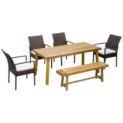 Outsunny Outdoor Dining Set For 6, Patio Dining Furniture Set With PE Wicker Chairs, Armrests, Acacia Wood Loveseat Bench & Dinner Table, Cushions, White