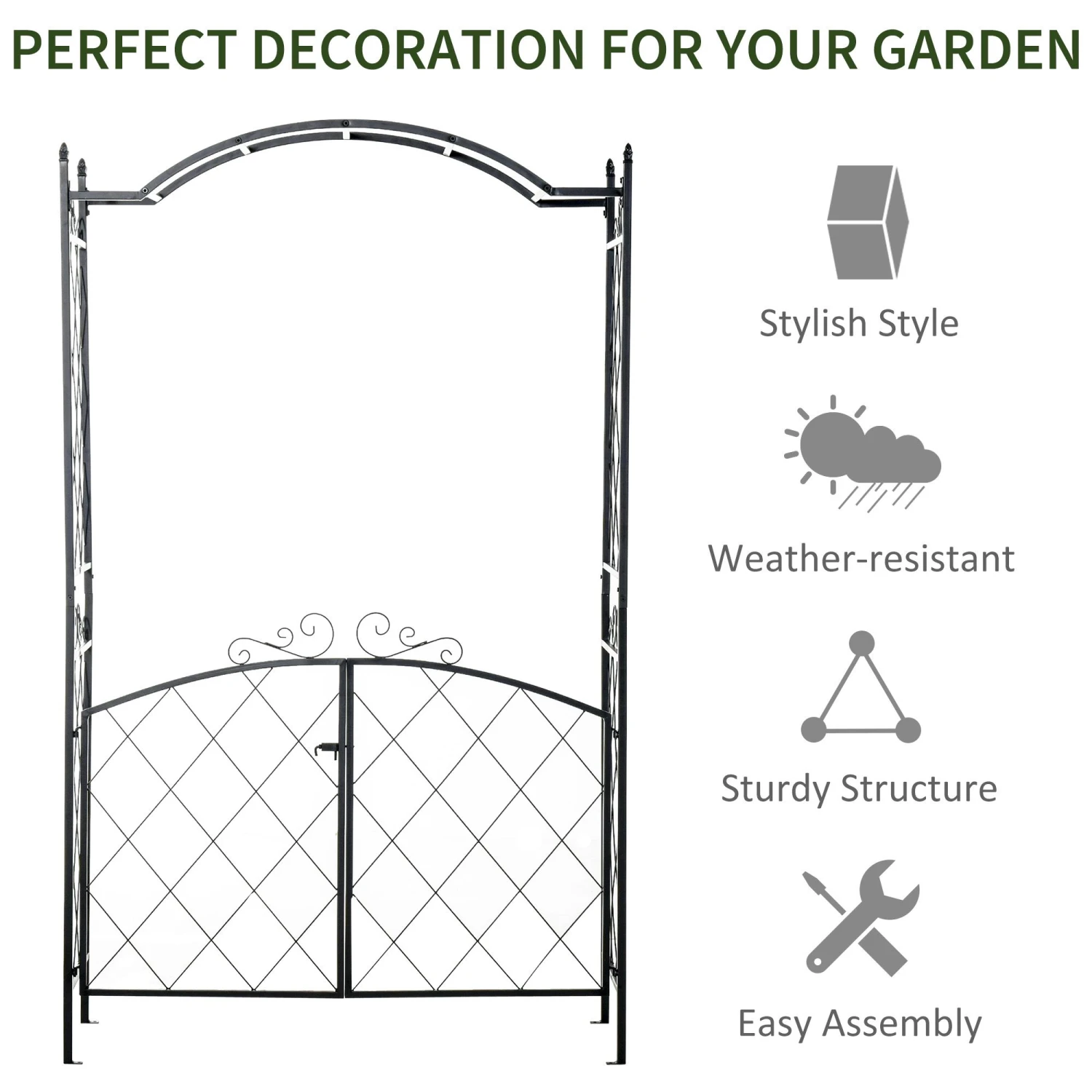 Outsunny 85'' Metal Garden Arbor With Gate, Outdoor Steel Arch With Scrollwork For Climbing Vines, Ground Mountable Columns 6 Outsunny 85'' Metal Garden Arbor With Gate, Outdoor Steel Arch With Scrollwork For Climbing Vines, Ground Mountable Columns - Image 6