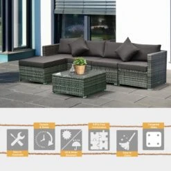 Outsunny 6 Pieces Patio Furniture Sets Outdoor Wicker Conversation Sets All Weather PE Rattan Sectional Sofa Set With Ottoman, Cushions & Tempered Glass Desktop, Charcoal -Outsunny IoWebd17e72479c6f